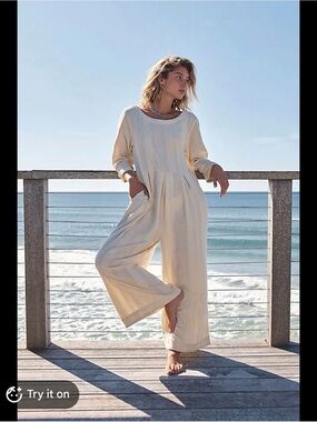 Free People Cream Long-Sleeve Wide-Leg Jumpsuit